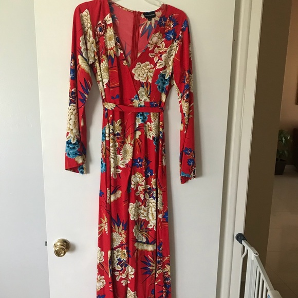 Red Floral Long Sleeve Wrap Dress - Picture 2 of 6